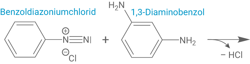 Chemische Reaktion zwischen Benzoldiazoniumchlorid und 1,3-Diaminobenzol mit HCl-Abspaltung.
